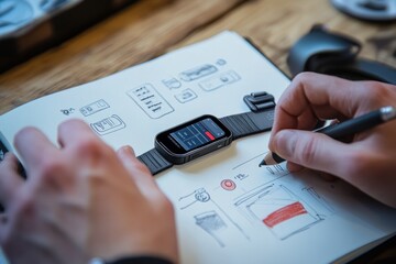 Aufkleber - A smartwatch rests on a sketchbook as a person draws design concepts with a pencil.