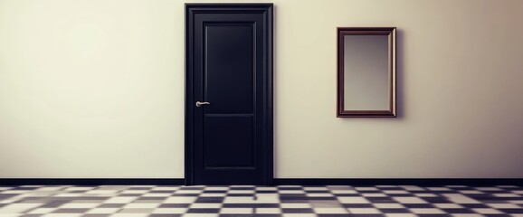 Leinwandbilder - A minimalist interior featuring a black door and a mirror against a plain wall.