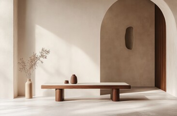 Fototapete - A minimalist interior featuring a wooden table, decorative vase, and soft natural light.