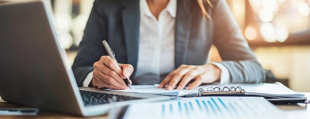 Aufkleber - A person writing notes beside a laptop and documents, focused on work tasks.
