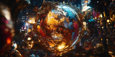 Poster - A surreal, reflective globe surrounded by vibrant, abstract elements in a futuristic setting.