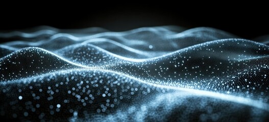 Poster - Abstract representation of flowing waves with luminous particles against a dark background.
