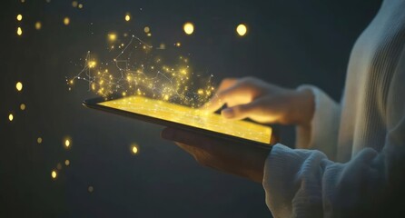 Fototapete - A person interacting with a glowing tablet, surrounded by shimmering particles.