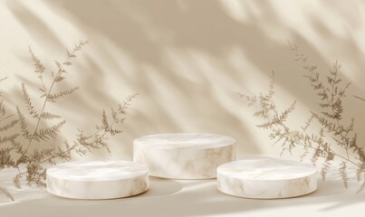 Leinwandbilder - Three marble-like platforms with soft shadows and plant silhouettes against a beige background.