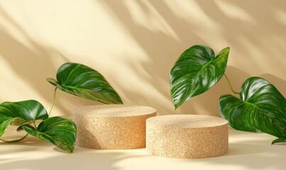 Aufkleber - Two cylindrical objects surrounded by lush green leaves on a soft beige background.