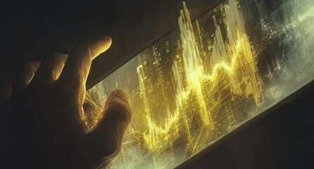 Fototapete - A hand interacts with a glowing screen displaying wave patterns and data visualization.