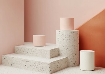 Aufkleber - A minimalist display featuring pastel-colored pedestals and geometric shapes.