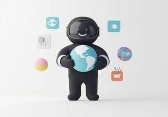 Poster - A cheerful astronaut character holding a globe, surrounded by icons representing various concepts.