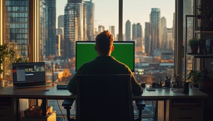 Aufkleber - A person working at a desk with a computer, overlooking a city skyline at sunset.