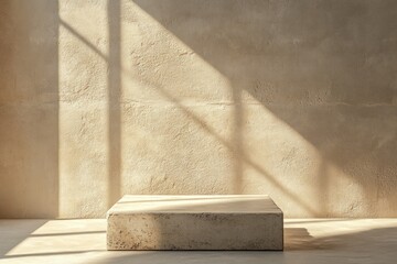 Aufkleber - Minimalist interior with a concrete platform and soft shadows on a textured wall.