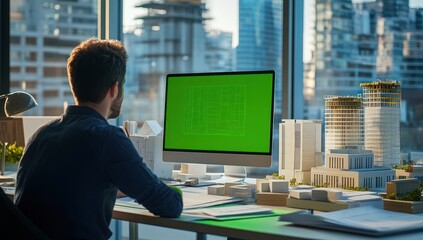 Poster - A professional working on architectural designs with a model and computer in an urban setting.