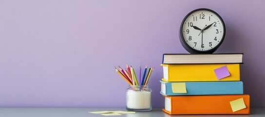 Poster - A study setup with books, a clock, and colorful pencils for learning or organizing tasks.