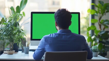Aufkleber - A person seated at a desk facing a blank green screen computer monitor surrounded by plants.