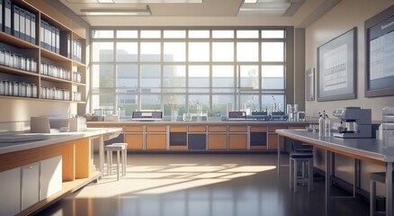 Aufkleber - A modern laboratory space filled with natural light and scientific equipment.
