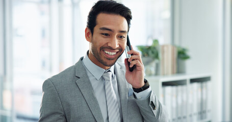 Aufkleber - Phone call, happy and businessman in office talking for online meeting, b2b networking and discussion. Corporate worker, professional and person on smartphone for contact, chatting and communication