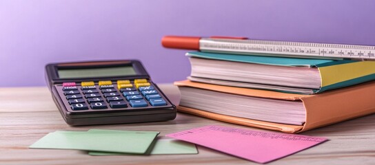Poster - A calculator and colorful books with notes, suggesting study or organization.
