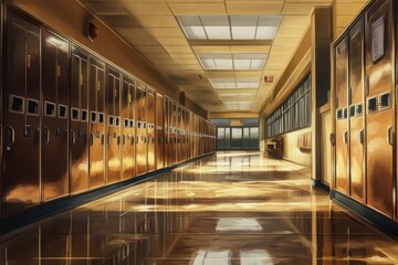Aufkleber - A bright school hallway with lockers and polished floors reflecting light.