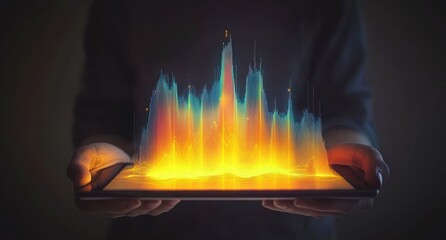 Fototapete - A vibrant soundwave visualization displayed on a tablet, symbolizing audio technology.
