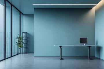 Aufkleber - Modern office space featuring a desk, computer, and indoor plant against a blue wall.