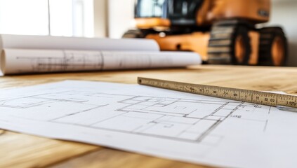 Aufkleber - A construction plan lays on a table with a measuring tool, while machinery is in the background.