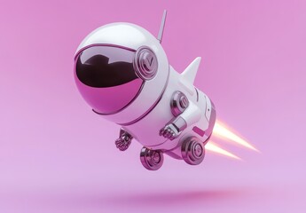 Poster - A whimsical rocket-shaped astronaut figure ascending against a pink background.