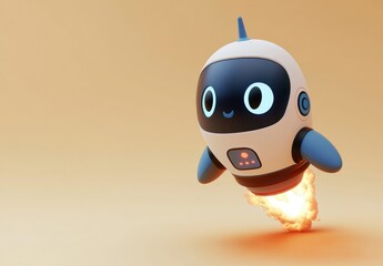 Aufkleber - A cute robot character flying with a jetpack, emitting flames, against a warm background.