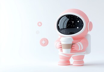 Poster - A cute pink astronaut holding a coffee cup against a minimalistic background.