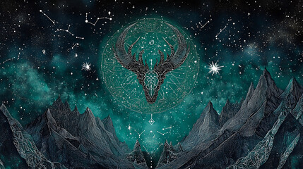 celestial mandala design featuring capricorn with mountains and stars