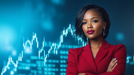 Wall Mural - Confident woman in red suit analyzes dynamic stock chart, market trends and investment strategies