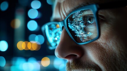 A Man Reviews Code Reflected In His Glasses