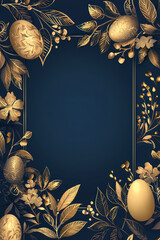 Wall Mural - Elegant Happy Easter Card Template with Navy Blue and Gold Floral Design for Text