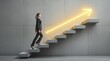 © Pixels Hunter - Businesswoman walking up floating stairs with glowing yellow arrow, symbolizing career growth and success.
