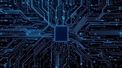 Wall Mural - abstract glowing blue circuit board design with central chip on black background.