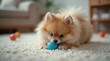 © Tasha - Adorable Pomeranian puppy playing with blue ball on carpet