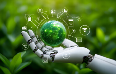 Wall Mural - A robot hand holding a green planet Earth with icons of technology.