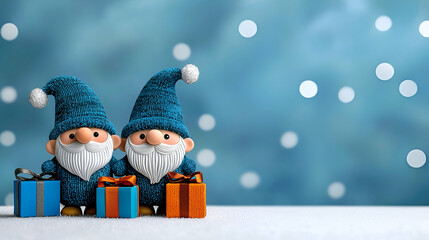 Two festive gnomes in blue hats hold colorful gifts against a soft blue background with blurred white bokeh, evoking a cheerful holiday atmosphere.