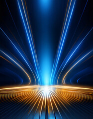 Dark blue neon light with rays of gold abstract night empty scen