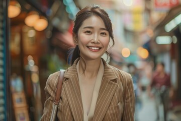 Wall Mural - Happy Asian businesswoman in brown blazer commutes to work.