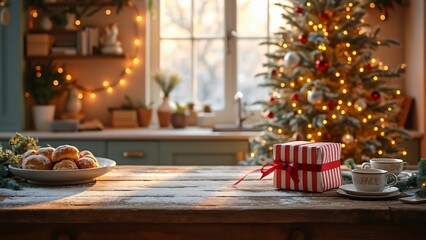 Cozy Festive Kitchen Christmas Scene, Rustic Wooden Table, Decorated Christmas Tree, Gift, and Baked Goods