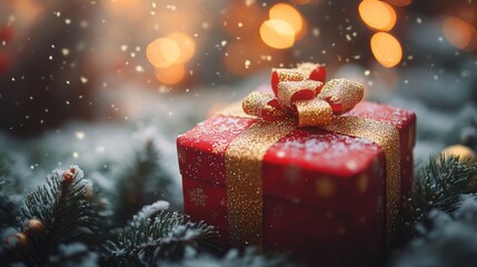 red gift box with gold ribbon, snow, bokeh lights, and pine branches.
