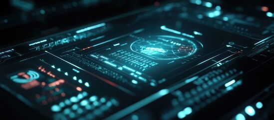 Futuristic digital interface with glowing holographic globe and data streams.