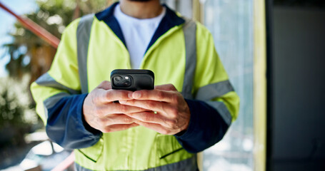 Poster - Hands, phone and construction worker with texting, person or contact with info for building development. Engineer, smartphone and check with network, notification or email on mobile app at property