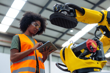 female engineer using digital tablet while controlling robotic arm in factory