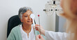 © peopleimages.com - Doctor, optometry and woman in exam for vision, hands and senior person with occluder or fixation stick in clinic. Ophthalmologist, test and patient with tools for health, cover and eye alignment