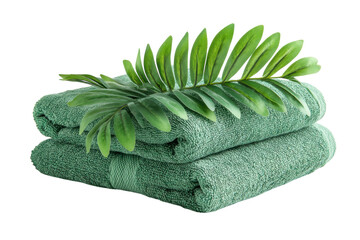 Green fluffy towels with tropical leaves arranged on a bright background for a spa or relaxation setting