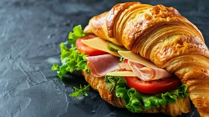 Wall Mural - Croissant sandwich with ham, cheese, tomato and salad with copy space