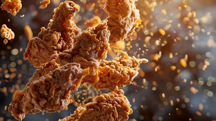 Wall Mural - Crispy and crunchy fried chicken flying in the air on kitchen