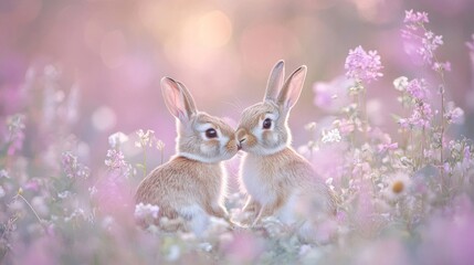 Sticker - Two baby bunnies nestled amongst pink flowers