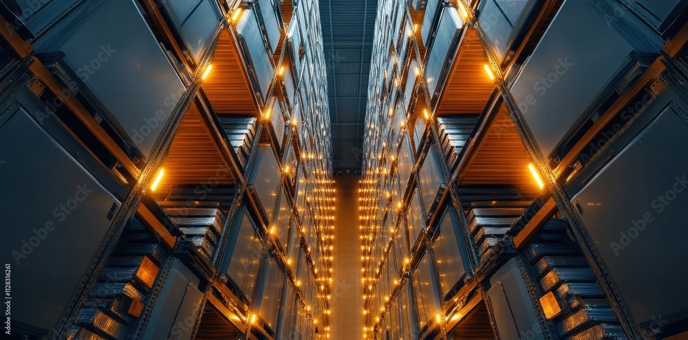 Futuristic stacked automated storage systems illuminated by glowing ...
