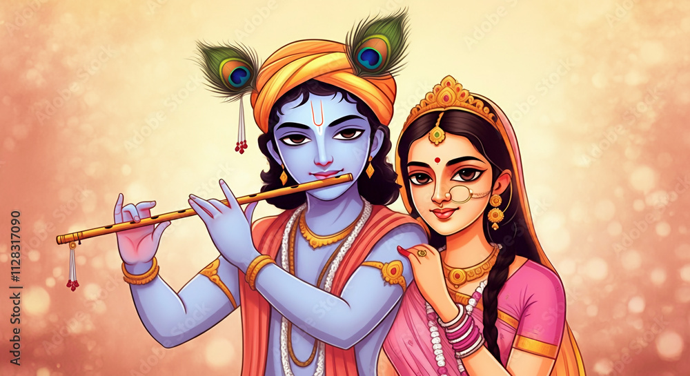 Lord Krishna and Radha depicted together, sharing a serene moment of ...